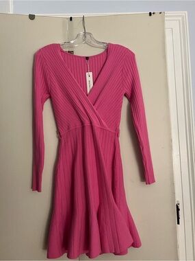 Ribbed Wrap-Front Long Sleeve Dress in Bright Pink